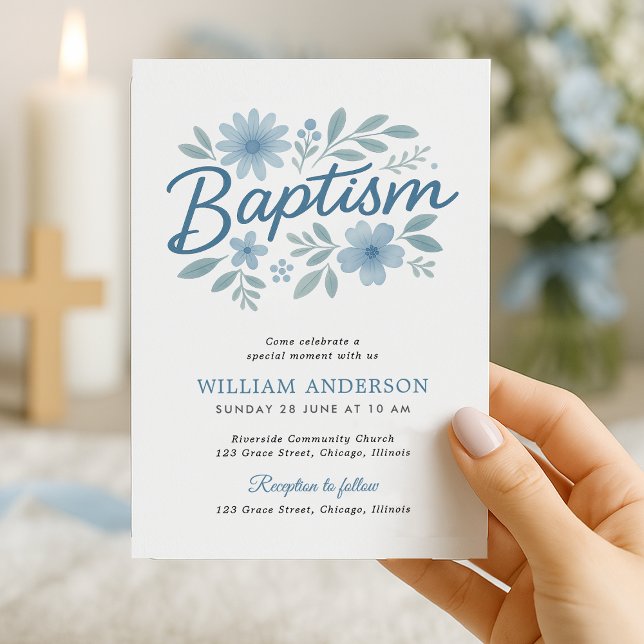 Blue Floral Baptism Invitation for Baby Boy (Hand holding blue floral baptism invite with candlelight – soft and spiritual boy design)
