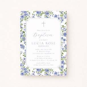 Blue Floral Baptism Invitation for Girl