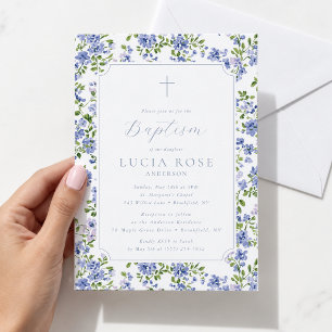 Blue Floral Baptism Invitation for Girl