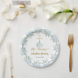 Blue floral Baptism Paper Plate