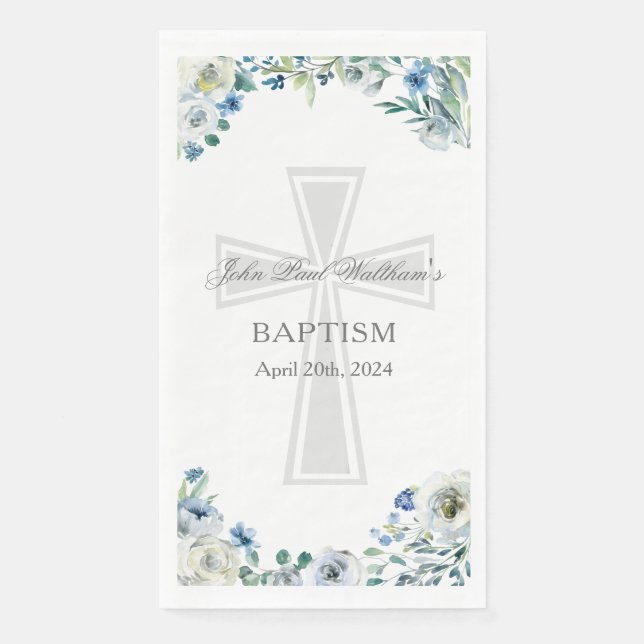 Blue Floral Baptism Party Christian Cross Custom Napkin (Front)