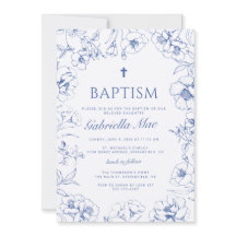 Blue Floral Baptism Photo Invitation