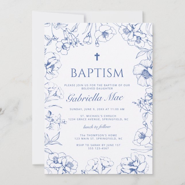 Blue Floral Baptism Photo Invitation (Front)