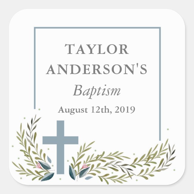 Blue Floral Baptism Sticker Tags (Front)