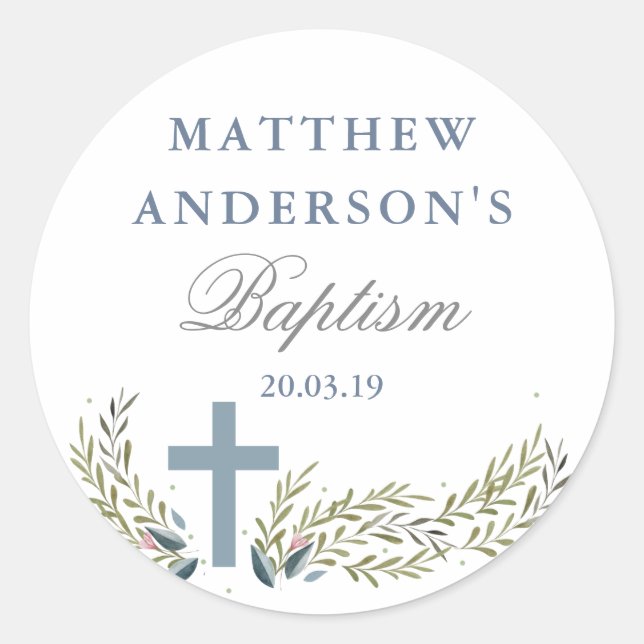 Blue Floral Baptism Sticker Tags (Front)