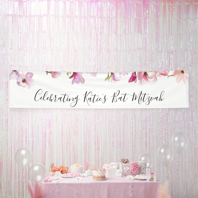 Blue Floral Bat Mitzvah Celebration Banner (Party)