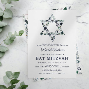 Blue Floral Bat Mitzvah Invitation