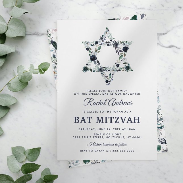 Blue Floral Bat Mitzvah Invitation (Creator Uploaded)