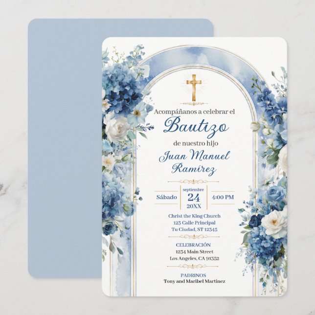 Blue Floral Bautizo Baptism Invitation for Boy (Front/Back)