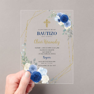 Blue Floral Bautizo Spanish acrylic Invitation