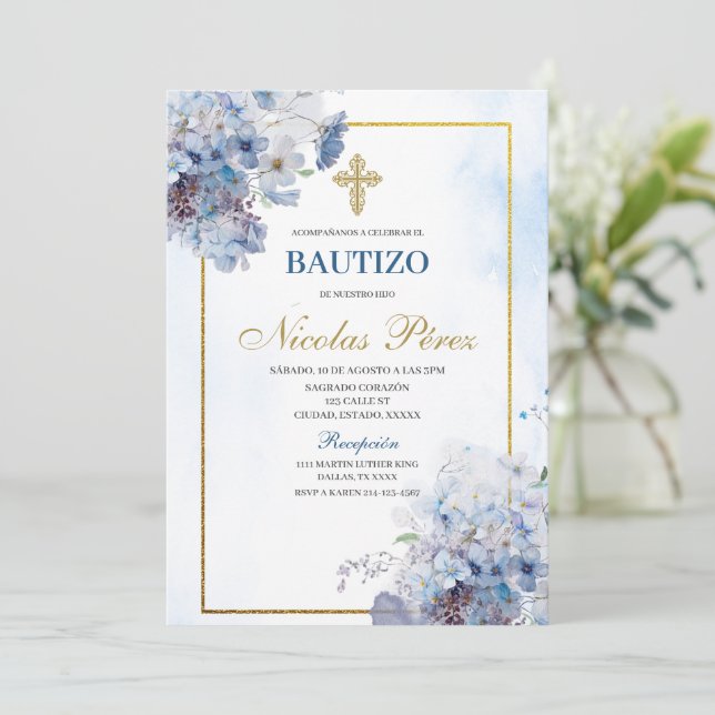 Blue Floral Bautizo Spanish Invitation (Standing Front)