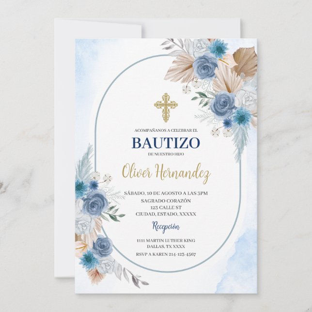 Blue Floral Bautizo Spanish Invitation (Front)