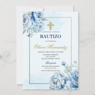 Blue Floral Bautizo Spanish Invitation