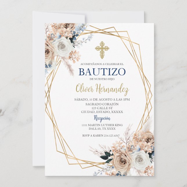 Blue Floral Bautizo Spanish Invitation (Front)