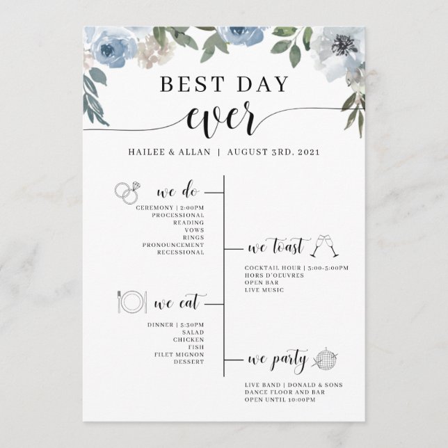 Blue Floral Best Day Ever Wedding Timeline Program Programme (Front)