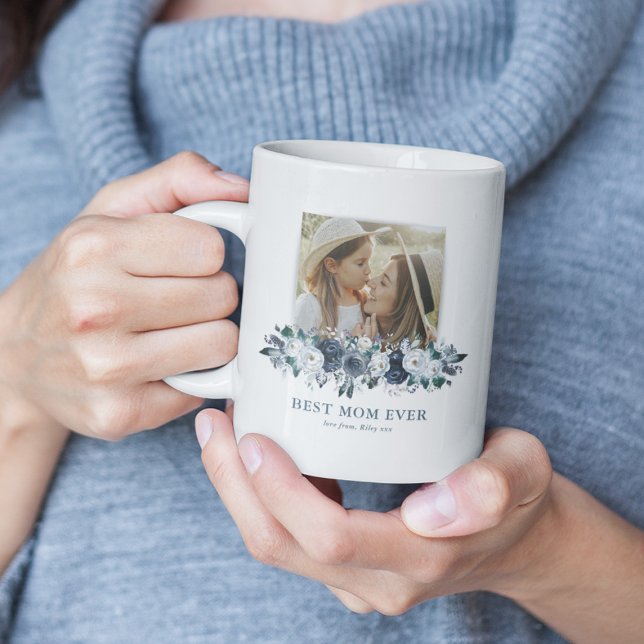 Blue Floral Best Mum Ever Photo Coffee Mug (Creator Uploaded)