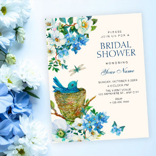 Blue Floral bird art elegant bridal shower Invitation