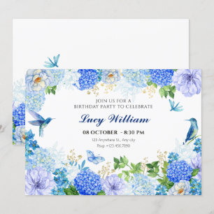 Blue floral bird elegant birthday invitation
