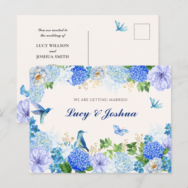 Blue floral bird elegant wedding postcard (Front/Back)
