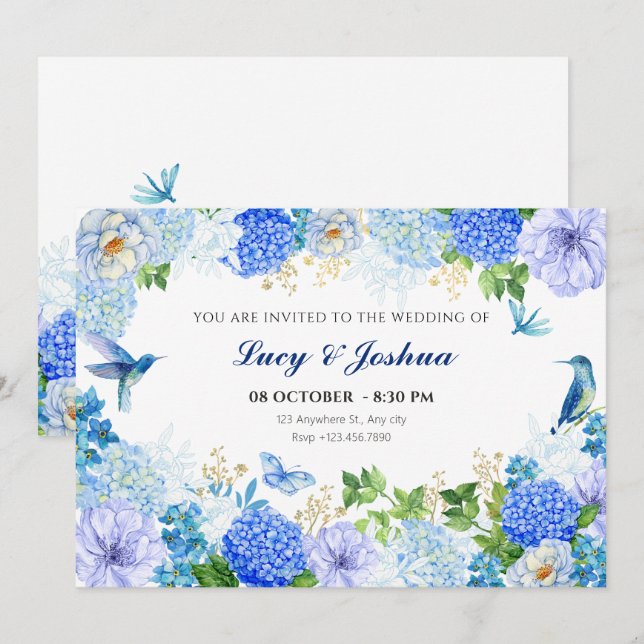 Blue floral bird simple elegant wedding invitation (Front/Back)