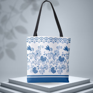 Blue Floral & Birds Pattern – Nature-Inspired  Tote Bag