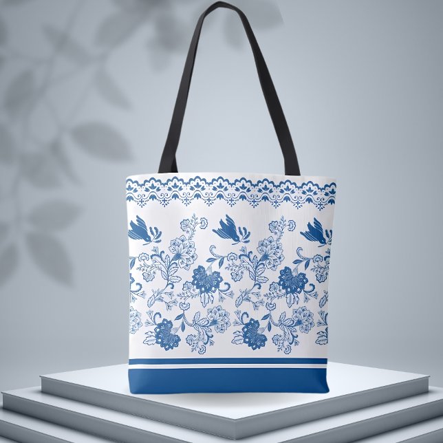 Blue Floral & Birds Pattern – Nature-Inspired  Tote Bag (Creator Uploaded)