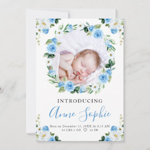 Blue Floral Birth Announcement Thank You Card
