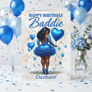 Blue Floral Birthday Baddie Black Woman Card