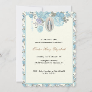 Blue Floral Birthday Religious Rosary Invitation