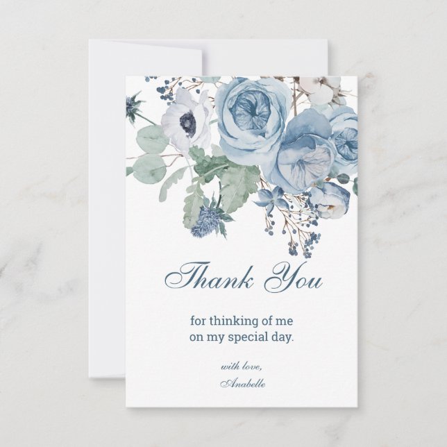 Blue Floral Birthday Thank You Card (Front)