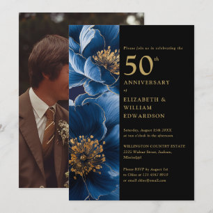 Blue Floral Black And Gold 50th Anniversary Photo Invitation
