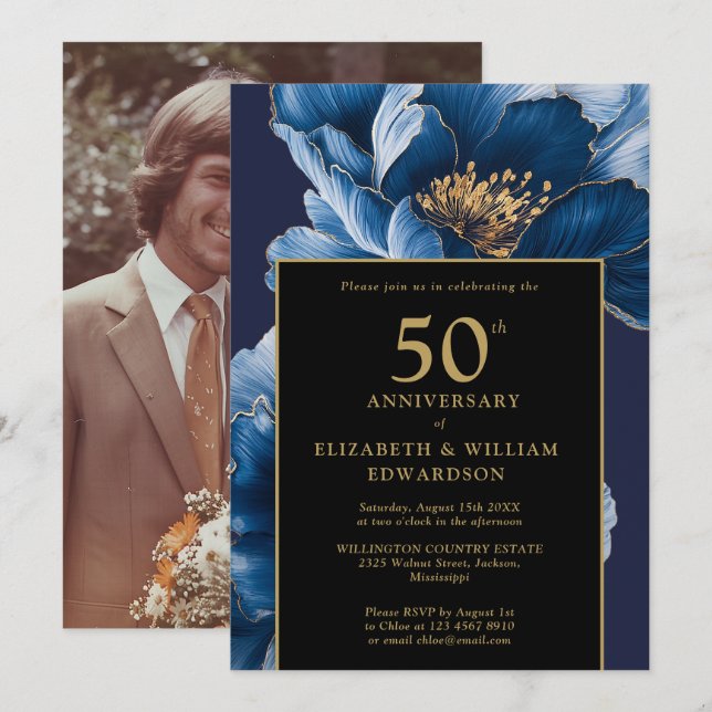 Blue Floral Black And Gold 50th Anniversary Photo Invitation (Front/Back)