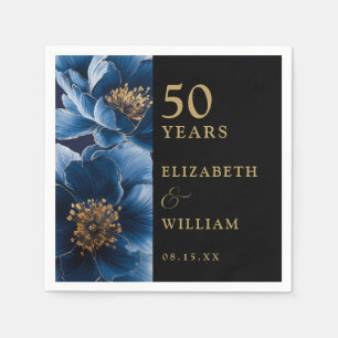Blue Floral Black And Gold Modern 50th Anniversary Napkin