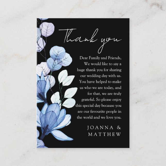 Blue Floral Black And White Wedding Thank You Place Card (Front)