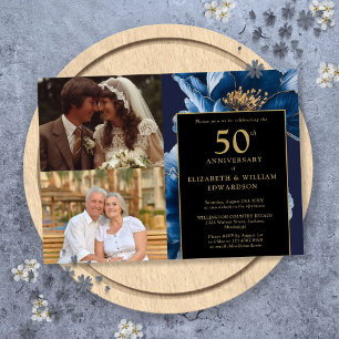 Blue Floral Black Gold 50th Anniversary 2 Photo Invitation