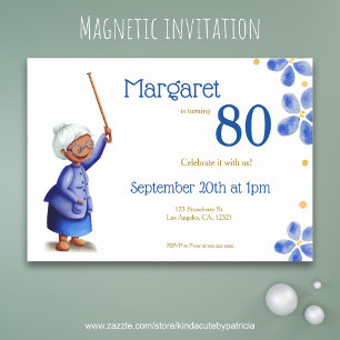 Blue Floral Black Grandmother 80th Birthday Magnetic Invitation