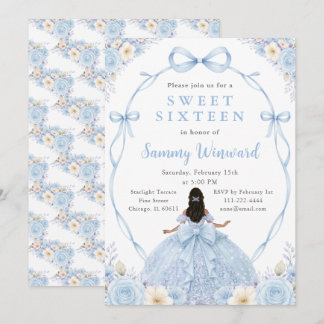 Blue Floral Black Princess Sweet Sixteen Invitation