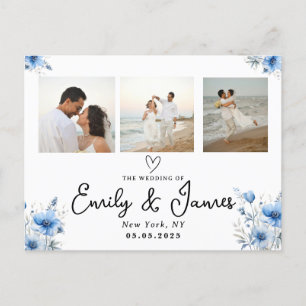 blue floral Black Script Photo Strip Wedding  Postcard