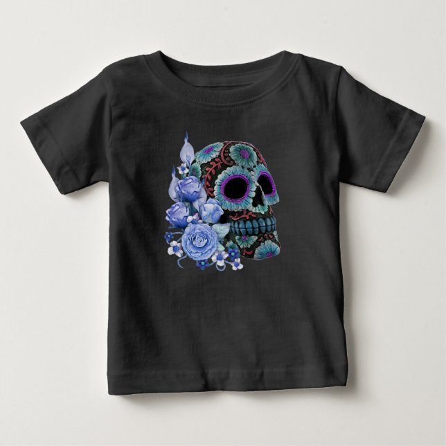 Blue Floral Black Sugar Skull Day Of The Dead Baby T-Shirt (Front)