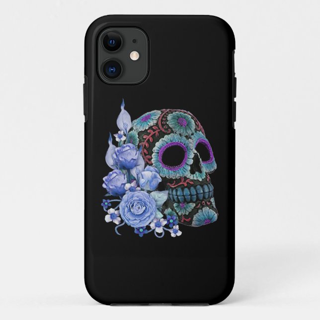 Blue Floral Black Sugar Skull Day Of The Dead Case-Mate iPhone Case (Back)