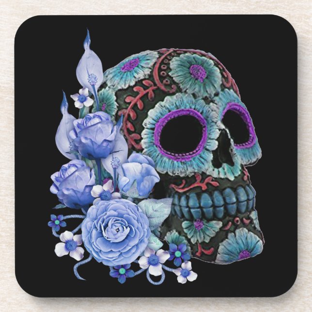 Blue Floral Black Sugar Skull Day Of The Dead Coaster (Front)