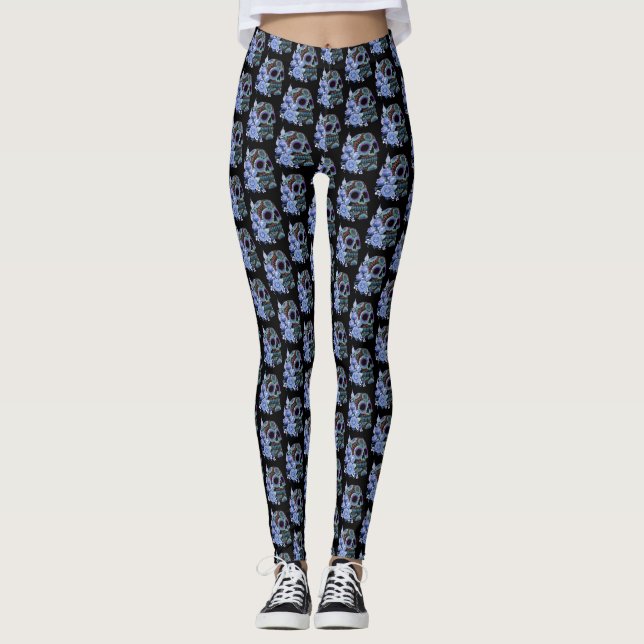 Blue Floral Black Sugar Skull Day Of The Dead Leggings (Front)