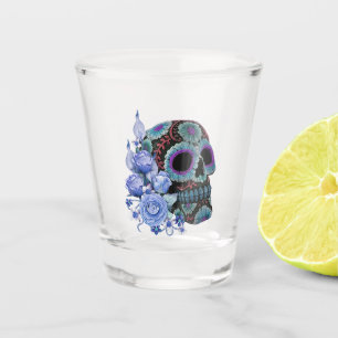 Blue Floral Black Sugar Skull Day Of The Dead Shot Glass