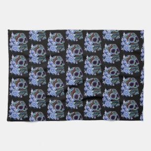 Blue Floral Black Sugar Skull Day Of The Dead Tea Towel