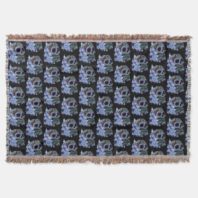 Blue Floral Black Sugar Skull Day Of The Dead Throw Blanket (Front)