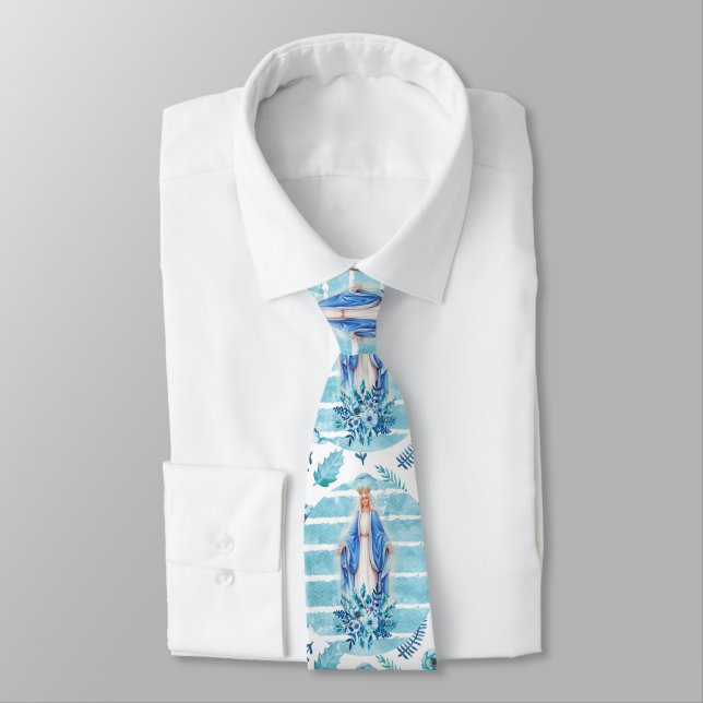 Blue floral Blessed Virgin Mary Our Lady of Grace Tie (Tied)