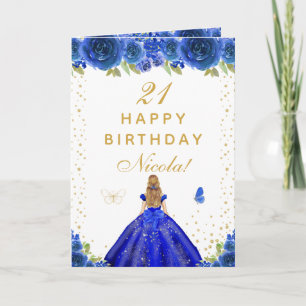 Blue Floral Blonde Hair Girl Birthday Card