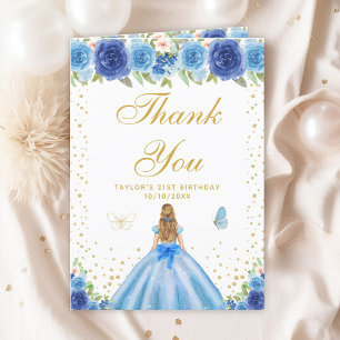Blue Floral Blonde Hair Girl Birthday Party Thank You Card