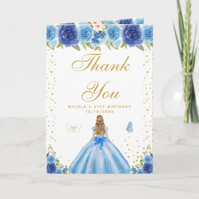 Blue Floral Blonde Hair Girl Birthday Thank You Card (Front)