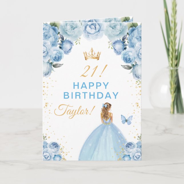 Blue Floral Blonde Hair Girl Happy Birthday Card (Front)